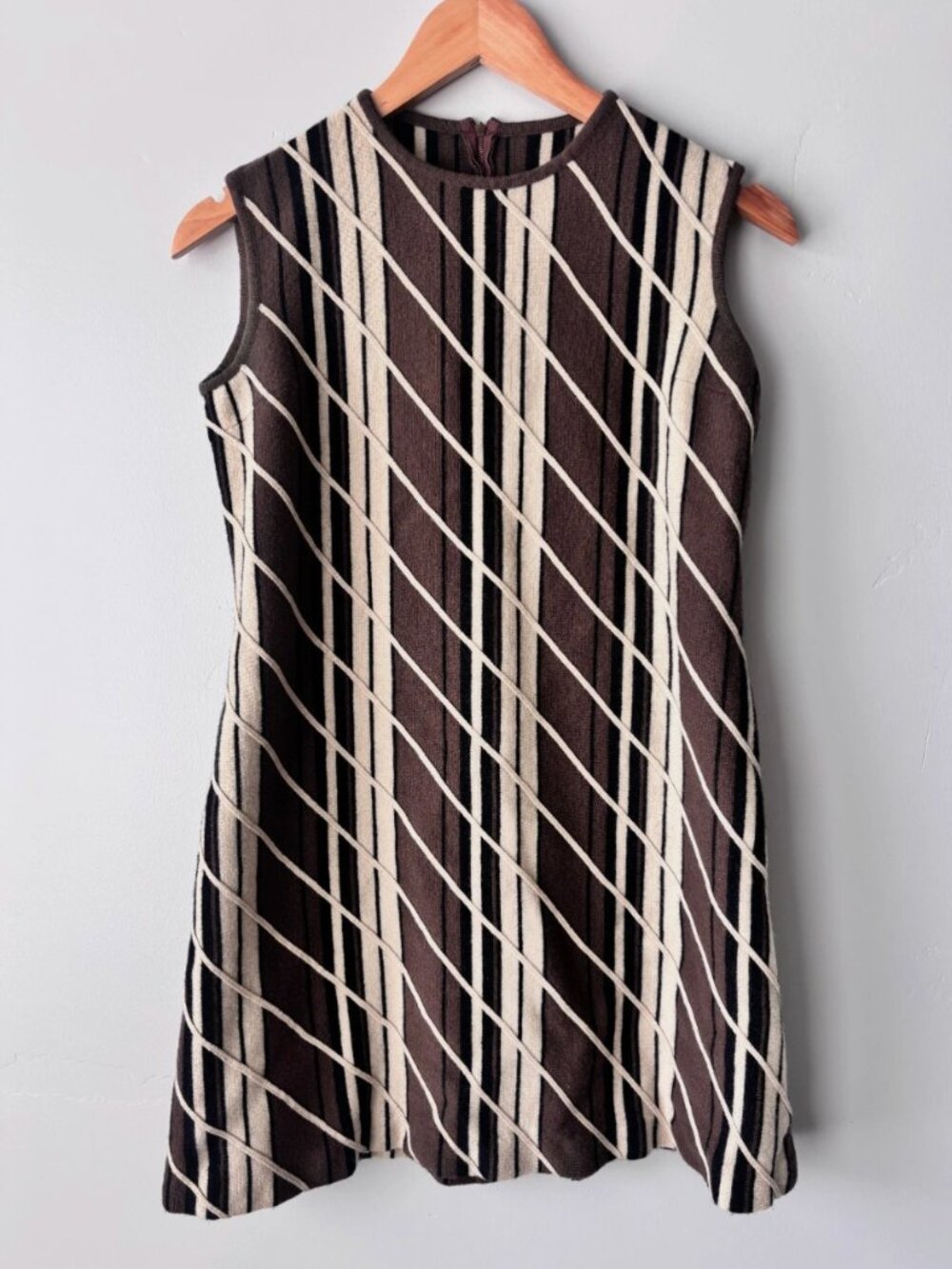 Vtg 60/70s Italy Wool Shift Dress Womens 14 Mod Geometric Lampo Zipper Knit Mini